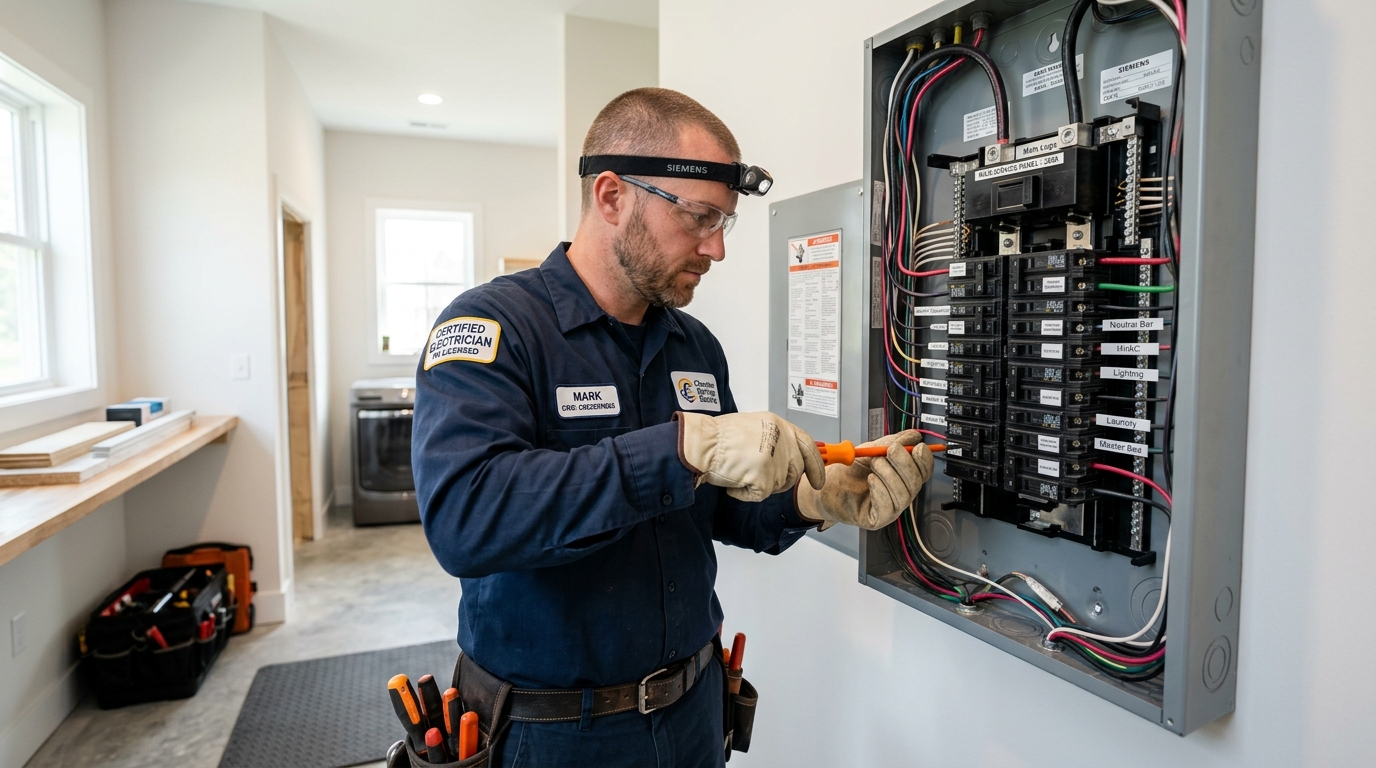 Aster Colonial electrician performing safe service panel maintenance in Chester Springs PA home