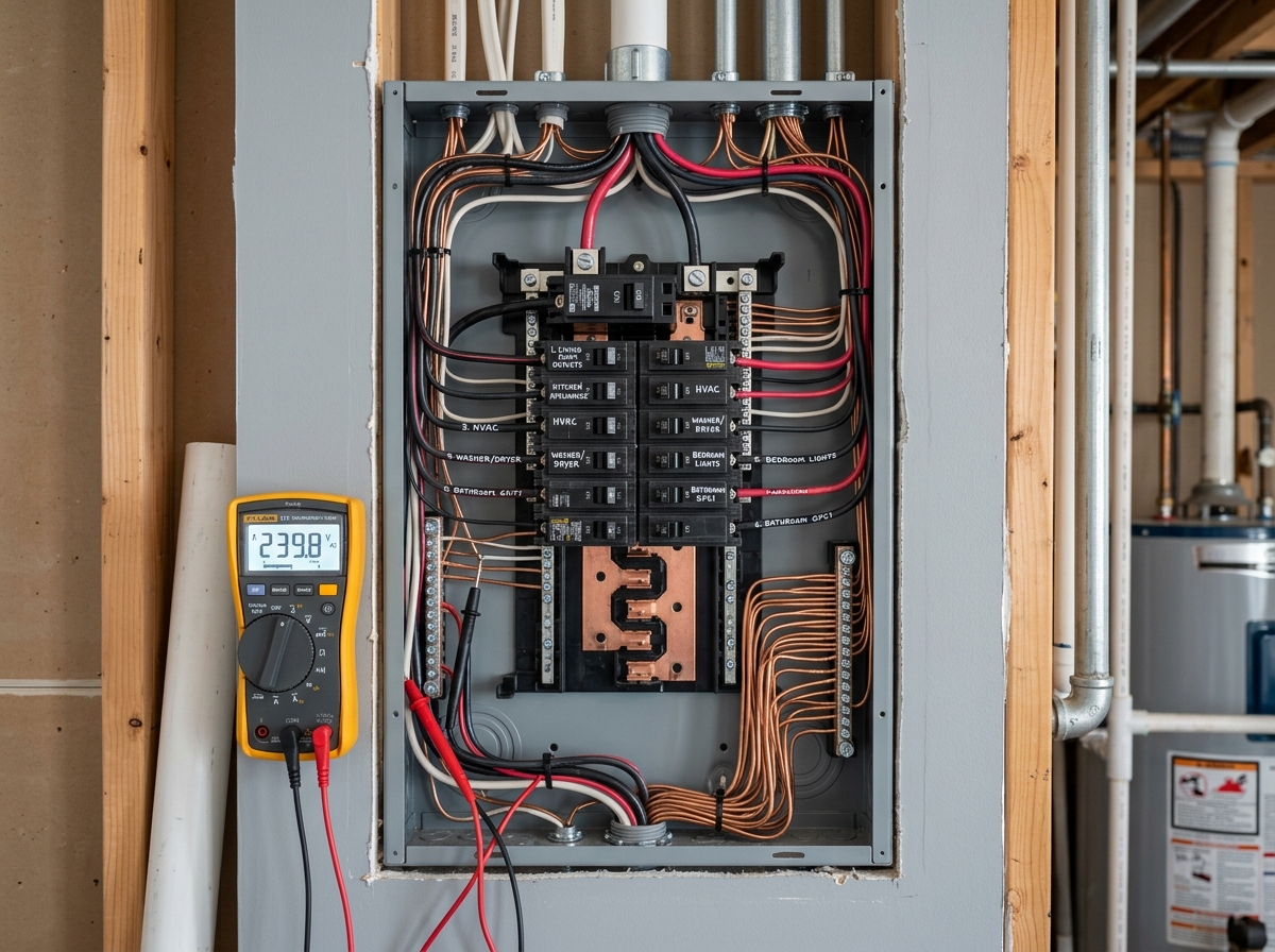 Neatly wired modern electrical service breaker panel with clean copper grounding